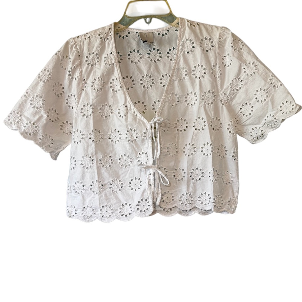 Joie Eyelet Front Tie Cropped Lace Top White Size Large - Picture 2 of 9